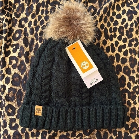 Brand New Timberland Black Cable Knit Beanie Hat Pom Cozy Fleece Lining Winter main image 7